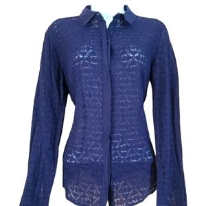 NWOT LOFT navy sheer lace button down blouse top Womens Med